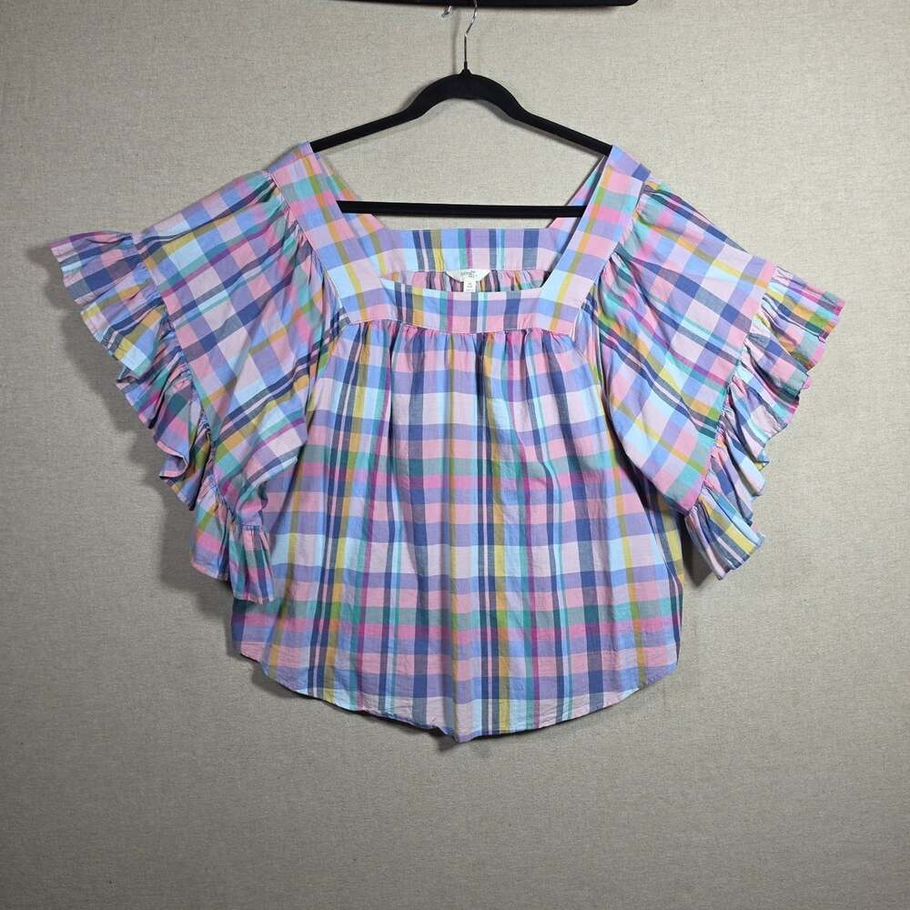 TERRA & SKY Pastel Plaid Square Neck ruffled Peasant Top Pink Multicolor Sz 14